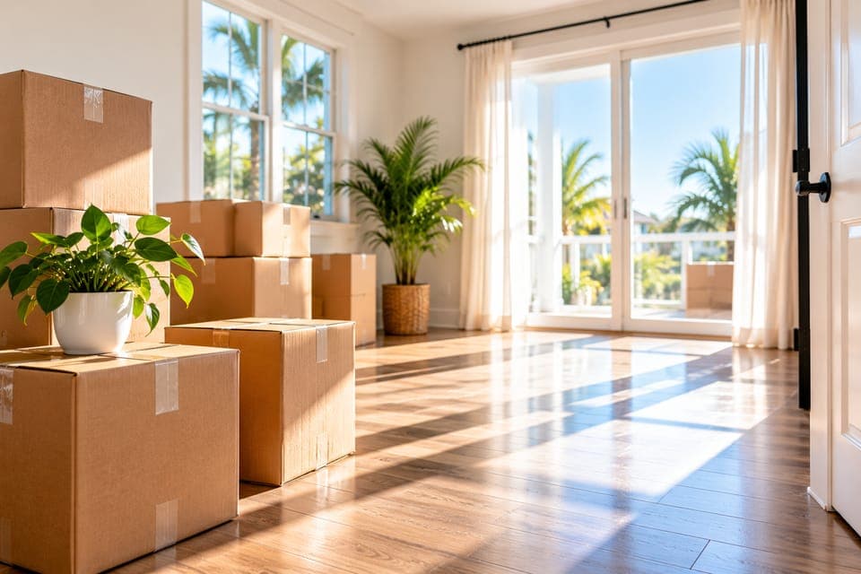 Empty, sunlit room with clean wood floors and moving boxes stacked by the wall