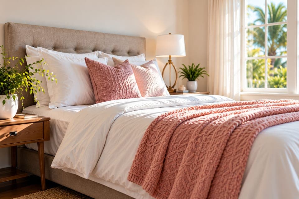 Freshly made bed with crisp white linens and pink accent pillows