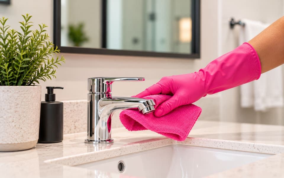Pink-gloved hand polishing a bathroom faucet with a microfiber cloth